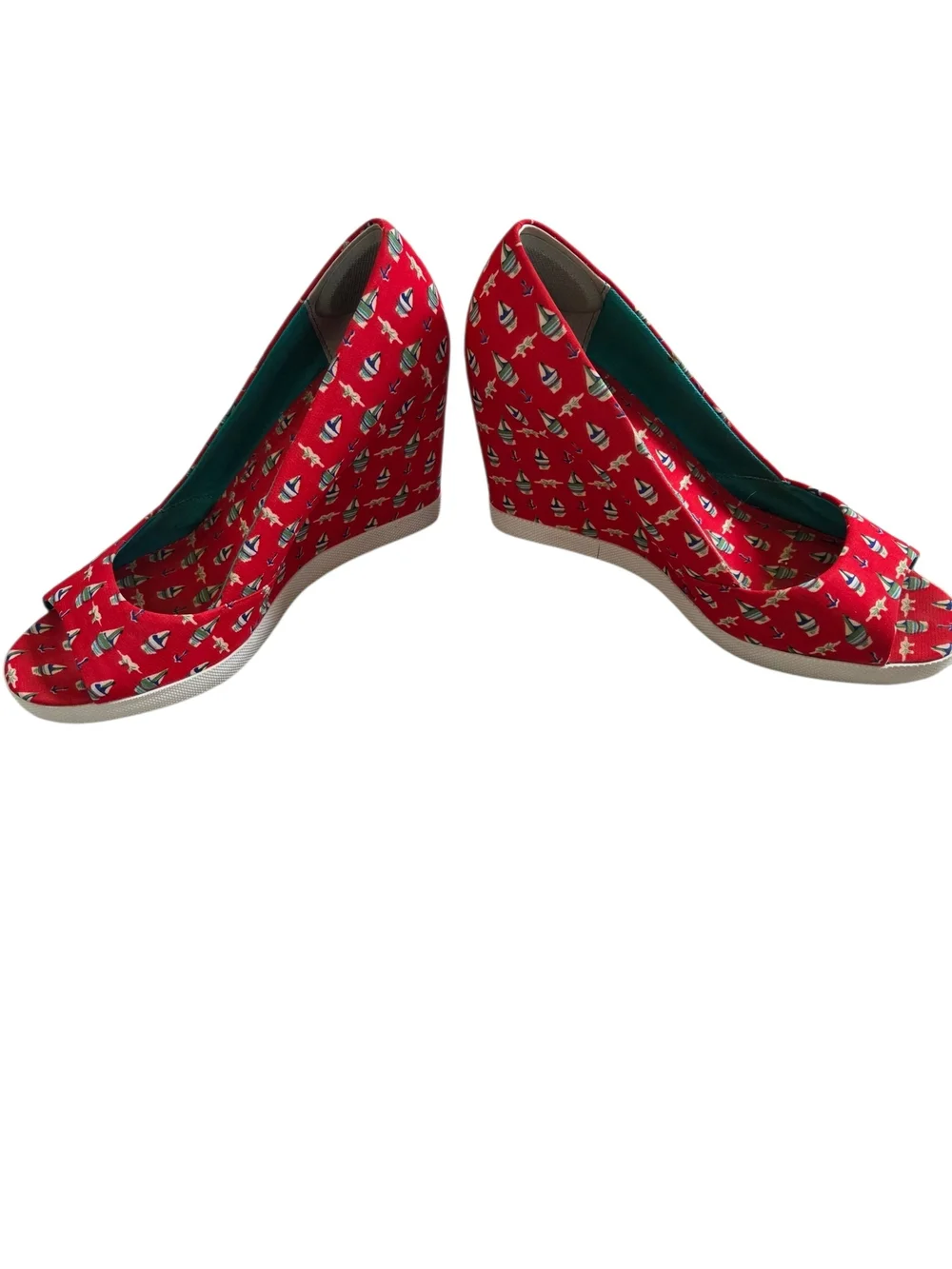 Seychelles Red Canvas Wedges with Nautical Boat Print